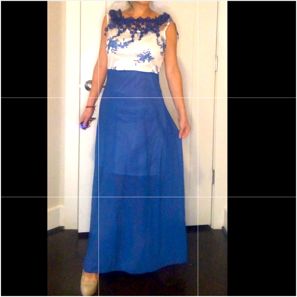 Long blue and white floral maxi dress